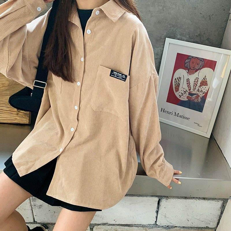 Autumn Korean Retro Corduroy Long-sleeved Loose Lazy Wind Mid-length Shirt Jacket Jacket Women