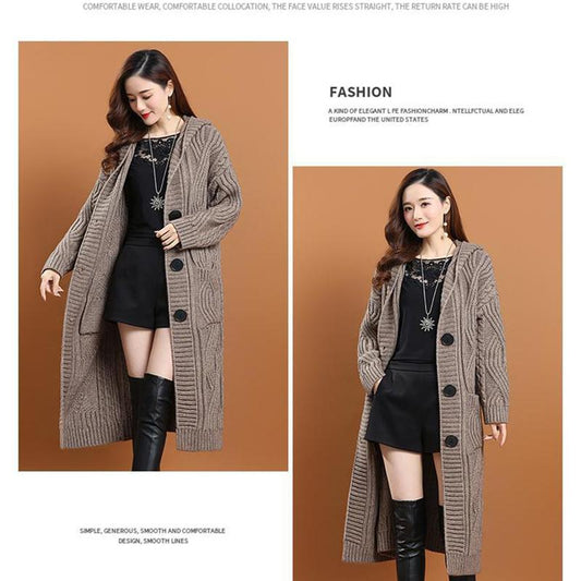 Hooded Knitted Cardigan Women's Outer Wear Autumn and Winter Long Loose Large Size Solid Color Sweater Jacket