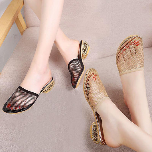 Size 35-42 Women All-match Shiny Slippers Outdoor Diamond High Heels Bohemian Beach Wear-resistant Non-slip Office Lady Lace Mesh Sandals