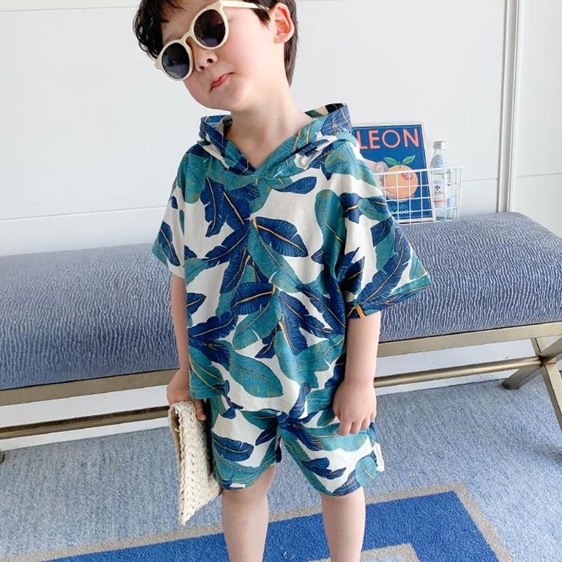 Children's Suit Summer Thin Korean Style Loose Print Leaf Girls and Boys Suspender Shorts Ventilation Two Piece Set