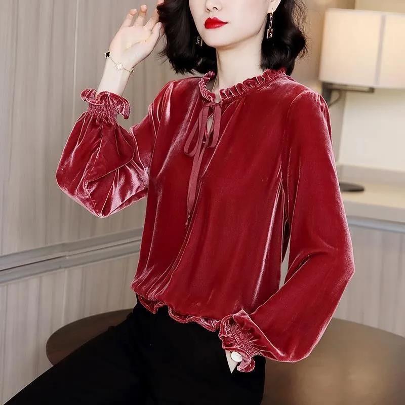 Autumn Spring Women Blouse Velvet Shirts Tops Vintage Long-sleeved Bow Ruffled Blouses Casual Loose Ladies Tops Female Clothes Pullover