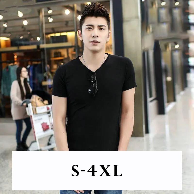 Summer Solid Color Men's Short-sleeved T-shirt V-neck Half-sleeved Top White Men's Bottoming Shirt Slim T-shirt Trend