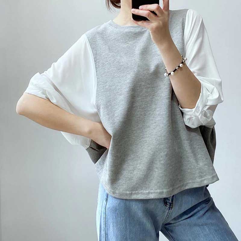 Outer Wear Single Shirt Fake Two Pieces Stitching Spring and Summer Design Loose T-shirt Ladies Long Sleeves