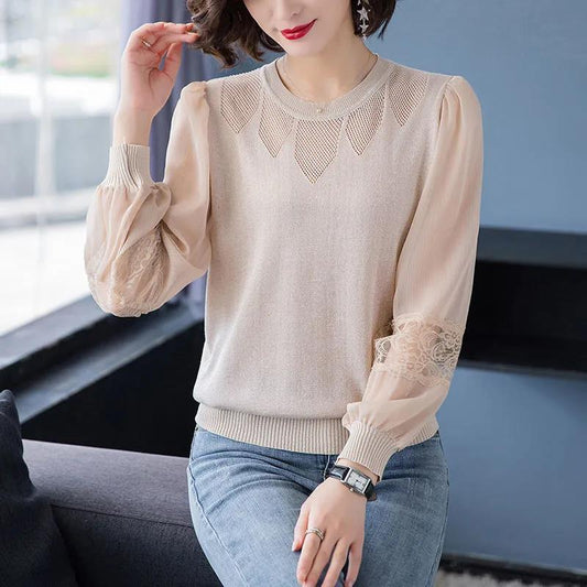 Knit Sweater Women Loose Bright Silk Top Spring and Summer Thin Lace Hollow Chiffon Shirt