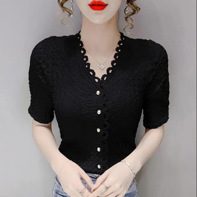 Women Lace Slim Shirt Button Cutout Cardigan V-neck Short Sleeve Top Casual Shirt French Vintage Top