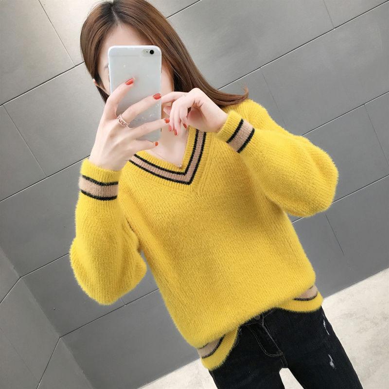 Autumn and Winter Mohair Loose Top V-neck Short Knitted Sweater Fashion Simple Women's Bottoming Shirt