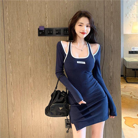 Hanging Neck Design Sense Sports Wind Suspender Skirt Autumn Korean Style Long-sleeved Tight-fitting Waist Slimming Hip Dress Women