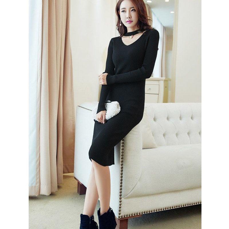 Autumn and Winter Knitted Long-sleeved Bottoming Shirt Over-knee Bag Hip Mid-length Sweater Dress Solid Color Slim Dress