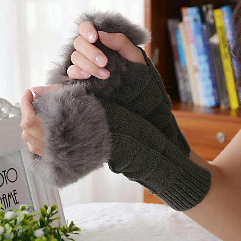 Women's Winter Plush Gloves Woolen Knitted Thickened Arm Sleeves Fake Sleeves Fingerless Mittens Half-finger Lengthened Hand Wrist Warmer Gloves