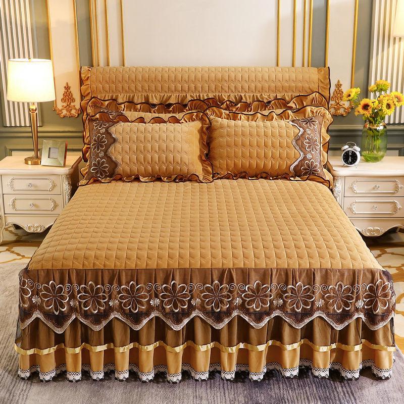 3pcs/set Warm Crystal Velvet Bed Skirt Autumn and Winter Thickening Plus Velvet Non-slip Bedspread Lace Large Bed Sheet