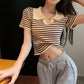 Striped T-shirt Women's Summer Thin Polo Collar Short-sleeved Short High-waisted Navel Design Niche Knitted Top