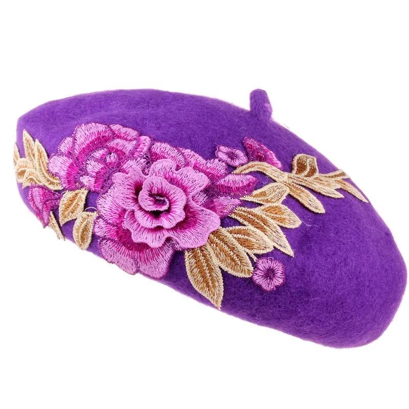 Retro Ethnic Floral 3D Embroidered Beret Hat Women's Spring Autumn Wool Blend Handmade Art Painter Beret Cap Elegant Flower Top Hat