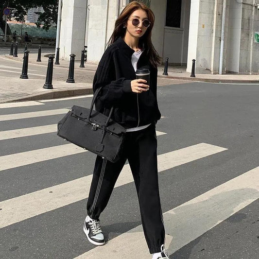 2PCS Grey Sports Casual Suit Women's Spring and Autumn Loose Sweater Coat Long Pants Two-piece Set Girls Athletic Clothing Fitness Jogging Suit