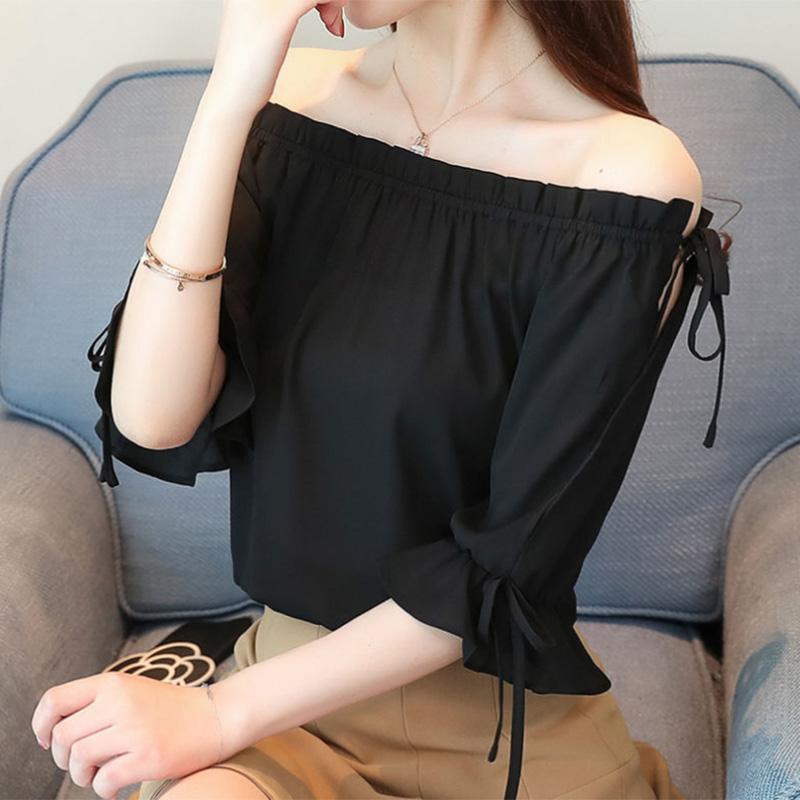 Summer Chiffon Shirt Female Fairy Air Age Reduction Solid Color T-shirt Fashion Loose Style Cool and Thin One-word Collar Strapless Top Women's