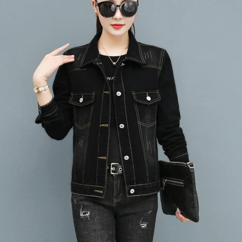 Denim Jackets Cotton Single-breasted Solid Ladies Turn-down Collar Spliced Autumn Outerwear Hole Coat Tops Female