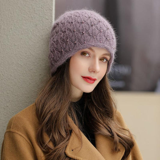 Women's Hat Autumn Winter Thickening Warm Beret Hat Cold-proof Rabbit Fur Blended Knitted Hat Windproof Beanies Cap Headgears Solid Pearl Decor Hat