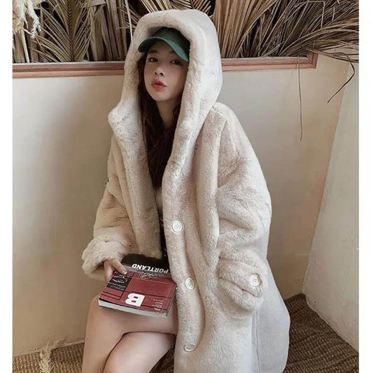 Autumn and Winter Imitation Mink Cardigan Hooded Loose Mid-length Lazy Sweater Plus Size Jacket Women