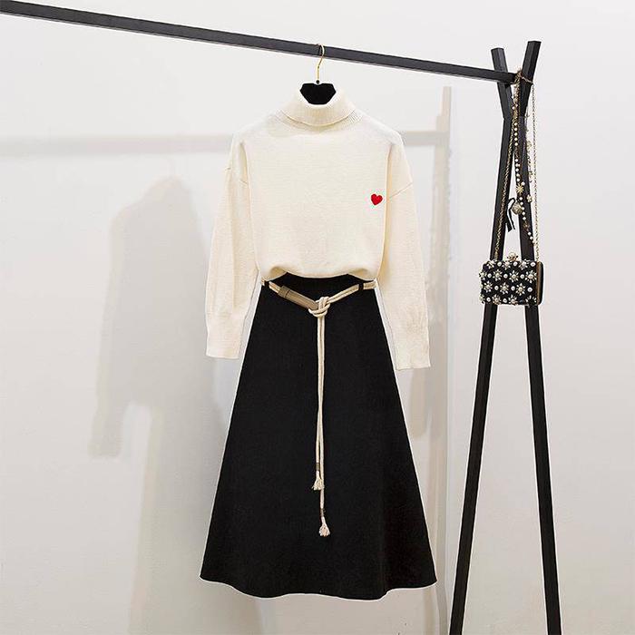 Thin Women Turtleneck Pullover+Black Woolen Skirt Two Piece Knitted Bottoming Skirt Set Top