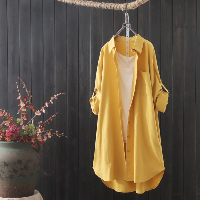 Women's Mid-length Cotton and Linen Shirt Loose and Versatile Long-sleeved Shirt Shirt Thin Outer Jacket Women's Sun Protection Jacket