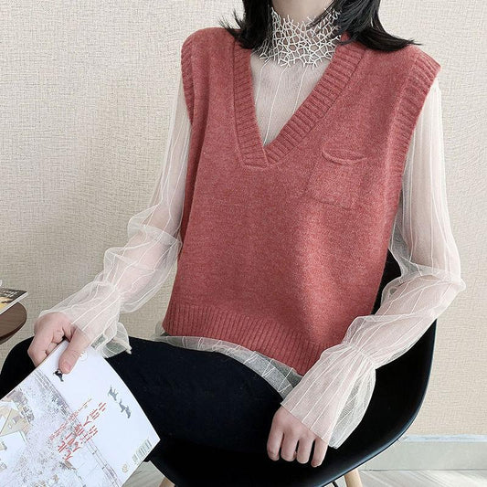 Autumn and Winter Small Pocket V-neck Vest Knitted Loose Cropped Top Sleeveless Waistcoat Women Sweater