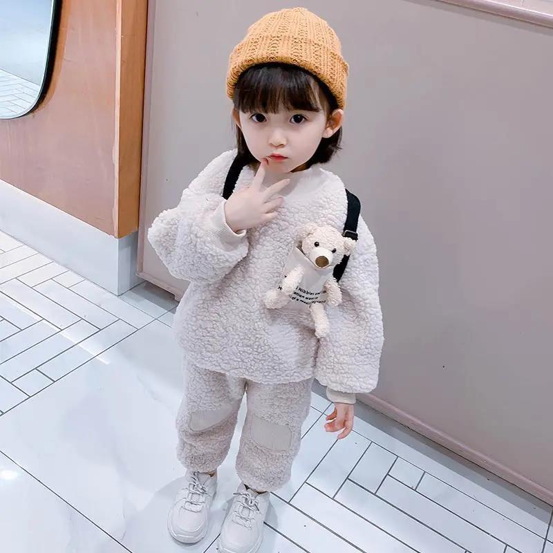 Children's Autumn and Winter Warm Suit Girl and Boy Korean Version Girl Baby Plush Two-piece Sets