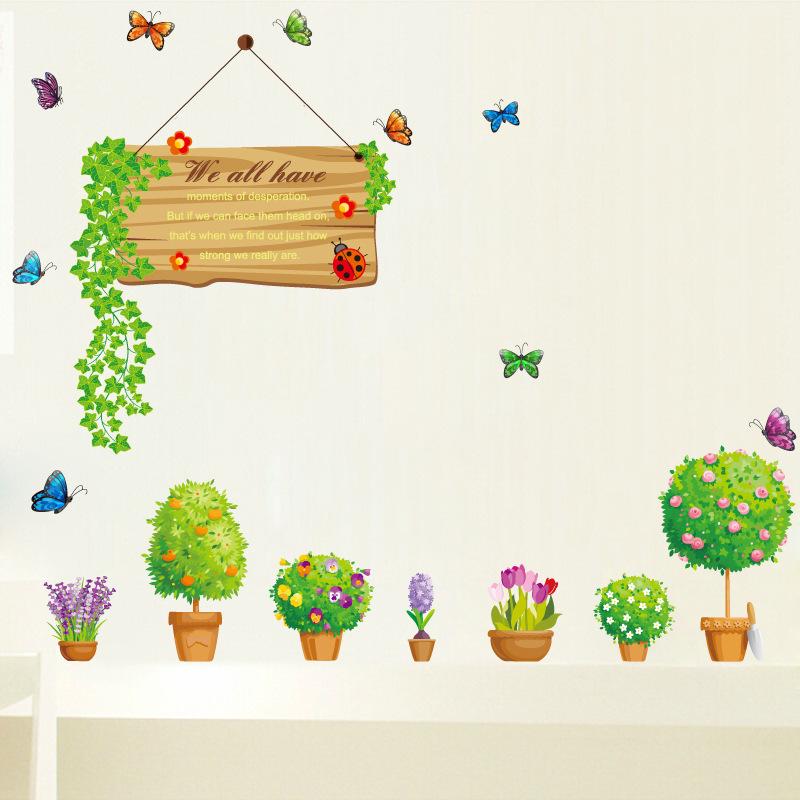 Flowerpot combination wall sticker removable glass window bedroom waterproof green spring wallpaper