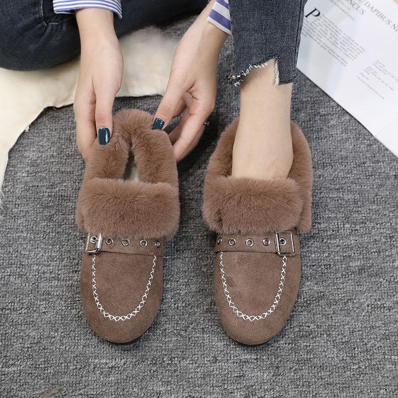 Plus Velvet Warm Snow Plush Shoes Women's Non-slip Flat Cotton Shoes All-match Peas Shoes Pedal Lazy Shoes Comfortable and Soft