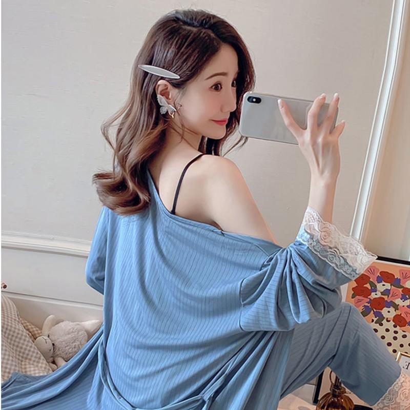 3 Pieces Women's Spring Autumn Pajamas Set Thin Sexy Lace Strap Chest Pads Suspenders Trousers Robes Homewear Solid Color V-neck Removable Chest Pad