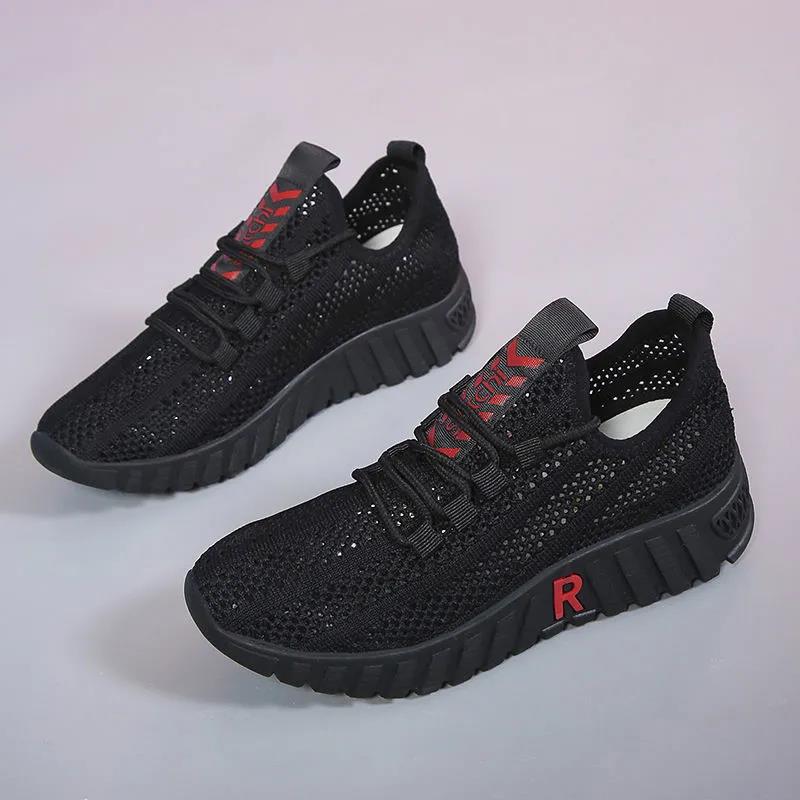 Women Summer Shoes Soft Sole Anti-slip Versatile Casual Print Shoes Solid Color Light Flat Breathable Mesh Sports Shoes