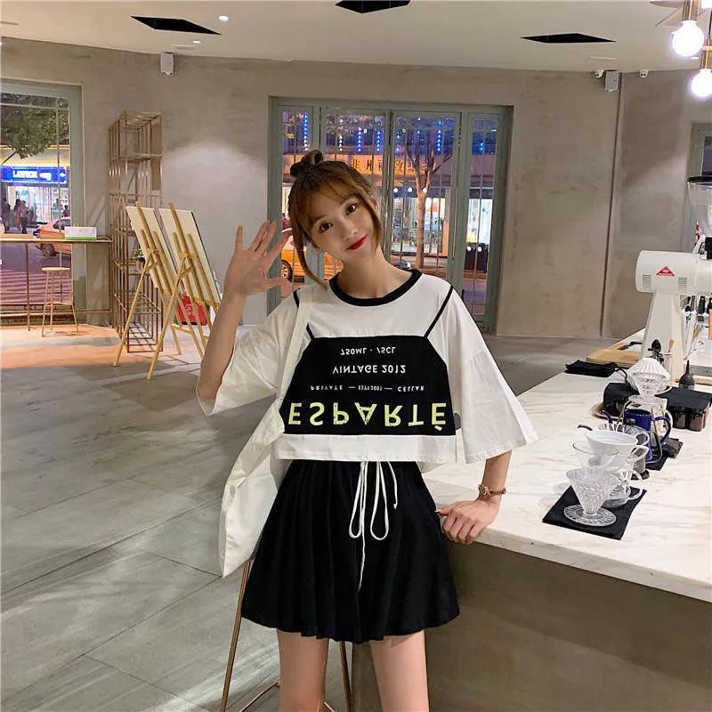 Women Summer T-shirt Skirt Suit Vintage Short Sleeve Letter Printed T-shirt Slim Pleated Short Skirt Two Pieces Set