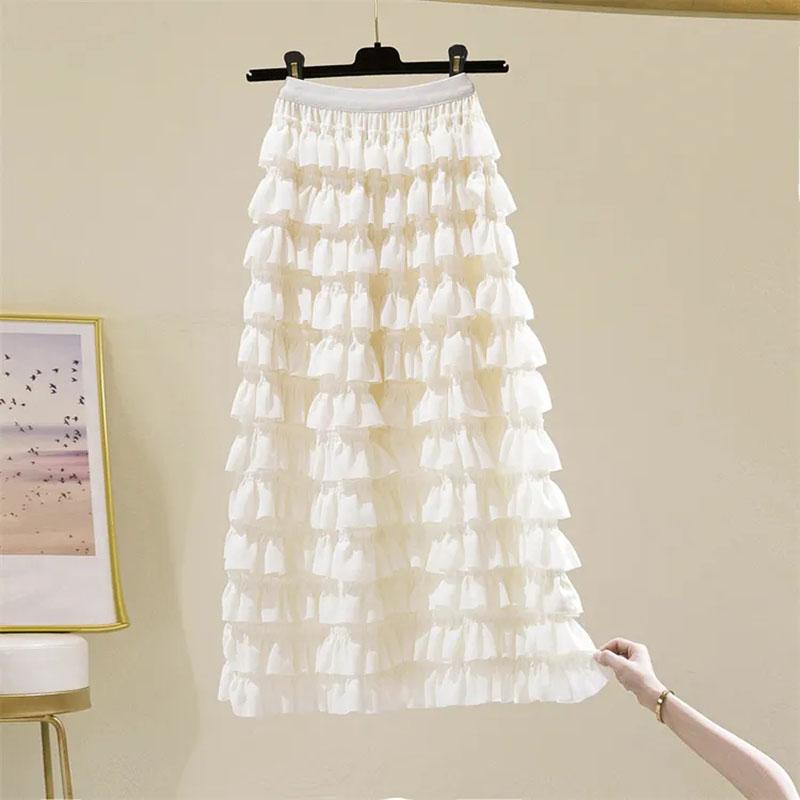 Women Tiered Skirts Summer Elegant Chiffon A-line Layered Skirt Female Elastic High Waist Preppy Style Dancing Long Skirts