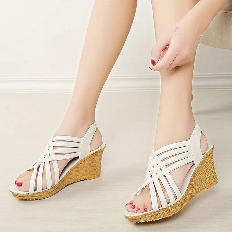 Women's Summer Wedge Sandals Platform Open Toe High Heels Thin Strap Korean Casual Shoes Knitted Roman Sandals