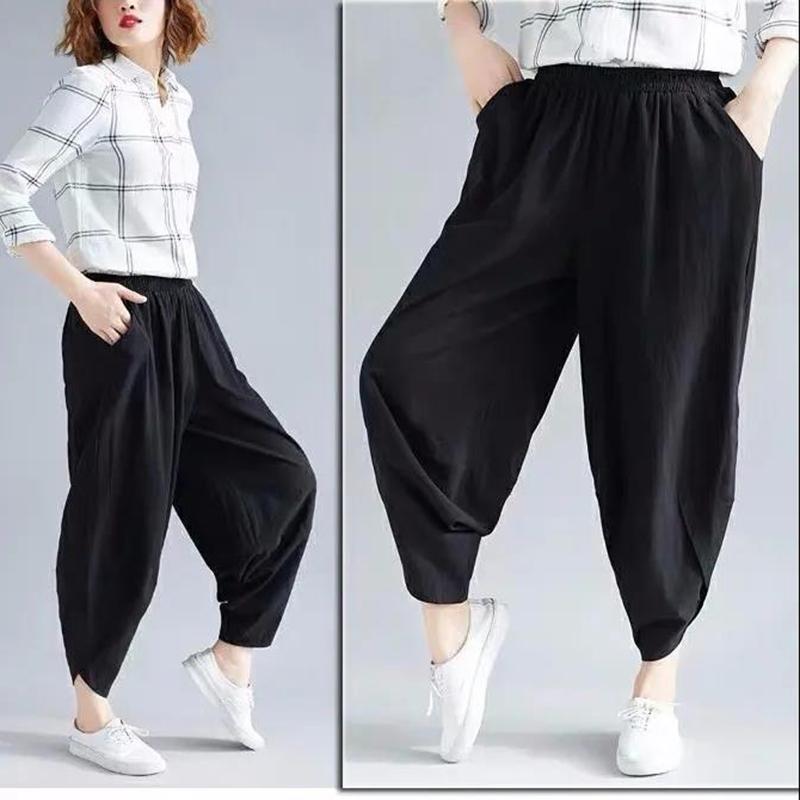 WTEMPO Large Women's Pants Linen Solid Color Cotton Linen Pants Eight Point Loose Casual Harem Pants Summer Thin