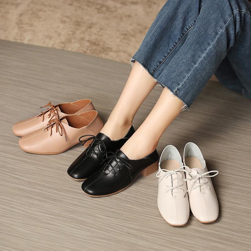 Soft Leather Single Shoes Women All-match Retro Mid-heel Shoes Thick Heel Soft Sole Pedal Casual Work Shoes Mid-heel Leather Shoes Women