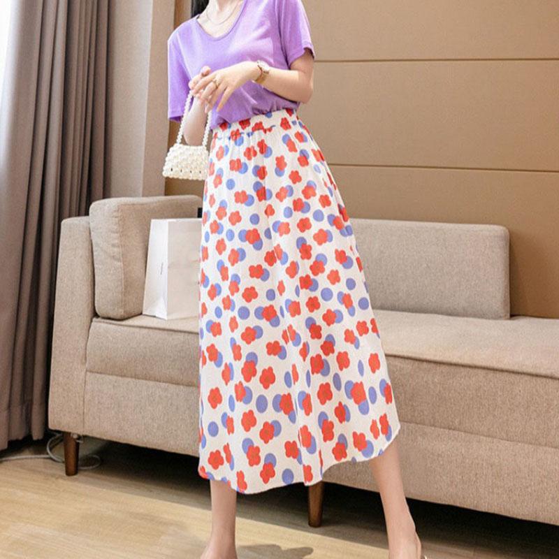 Women Skirts Female Summer Casual A-line Skirt Thin Elastic High Waist Skirts Vintage Loose Long Chiffon Floral Skirt