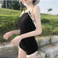 Sexy Closed Swimwear Female Korean Ins Wind Fairy Fan Conservatively Cover Belly and Show Thin Backless Small Chest Gathered Spring Swimming Suit