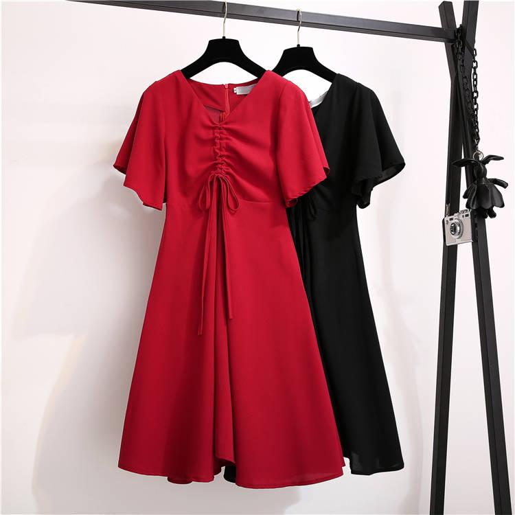 Pofulove Women Plus Size Dress Summer Drawstring Pleated Dress Flared Sleeves Midi Dress Party Dress