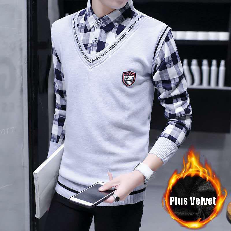 Autumn and Winter Men's Sweater Shirt Fake Two-piece Plus Velvet Thick Knit Sweater Slim Pullover for Teenagers