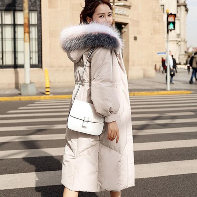 Women's Solid Color White Duck Down Jacket Mid-length Korean Style Loose Thick Coat Warm Cotton Coat with Big Fur Collar Winter Quilted Jacket