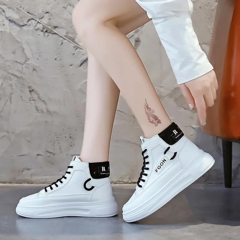 Genuine Leather and Velvet High-top Shoes Women's Shoes Korean Version of All-match Casual Shoes Sports Shoes Autumn and Winter Cotton Shoes