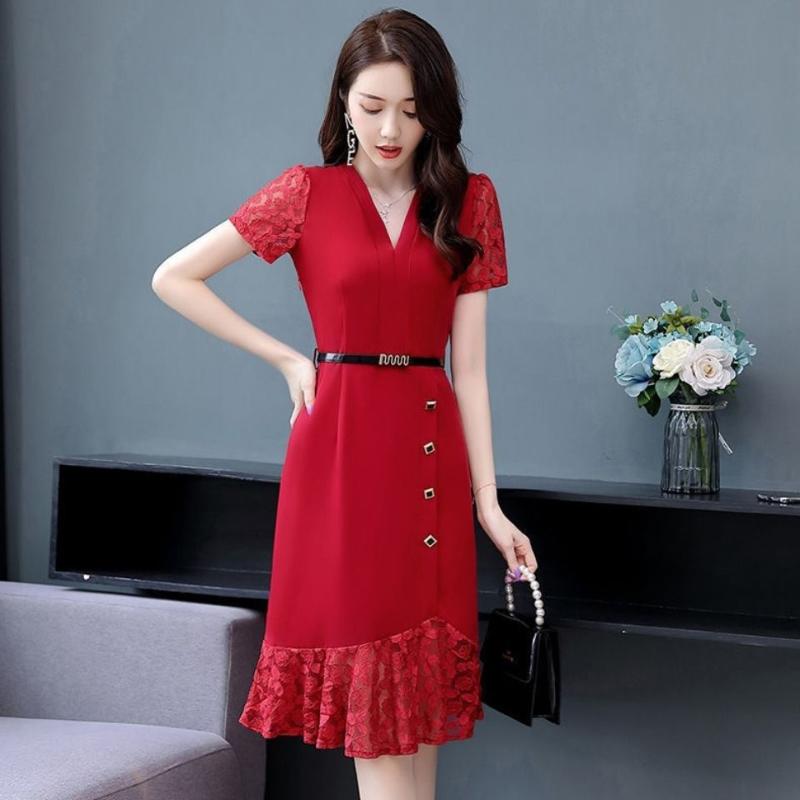 2021 Summer New Dresses Female Large Size Long Western-style Mother Summer Dress Waist Lace Stitching A-line Skirt