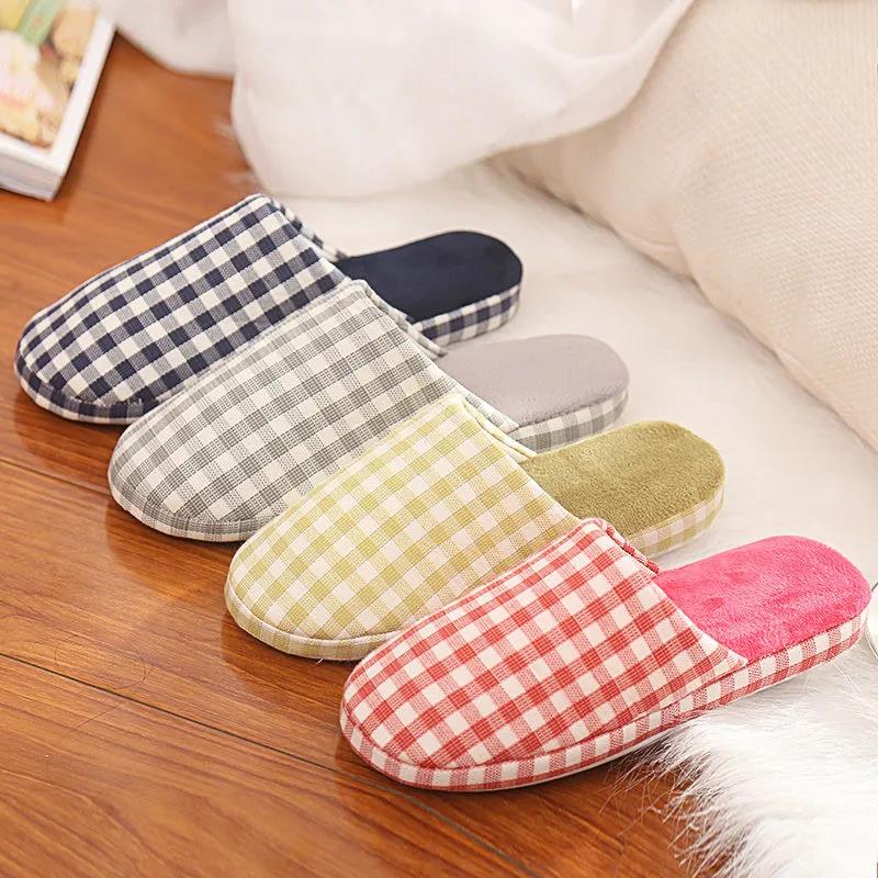 Autumn and Winter Pure Cotton Slippers Indoor Non-slip Soft-soled Shoes Warm Plaid Simple Plush Cotton Shoes