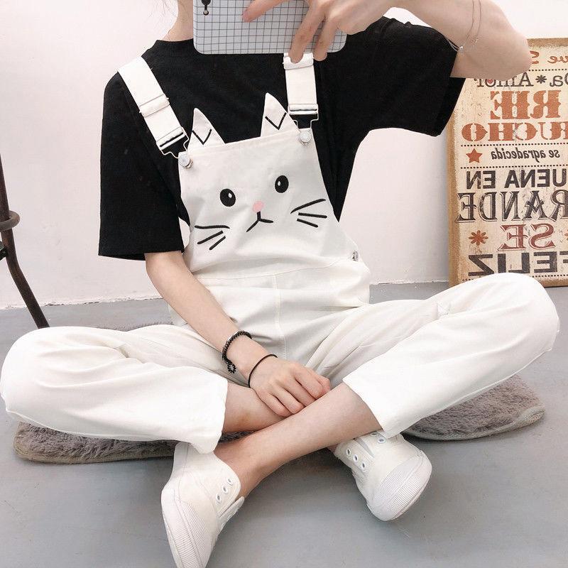 WTEMPO Cute Cat Overalls Girl Student Summer Jumpsuit Woman Jeans Long Romper Pants Pockets Sleeveless Adjusted Overalls Jeans Trousers