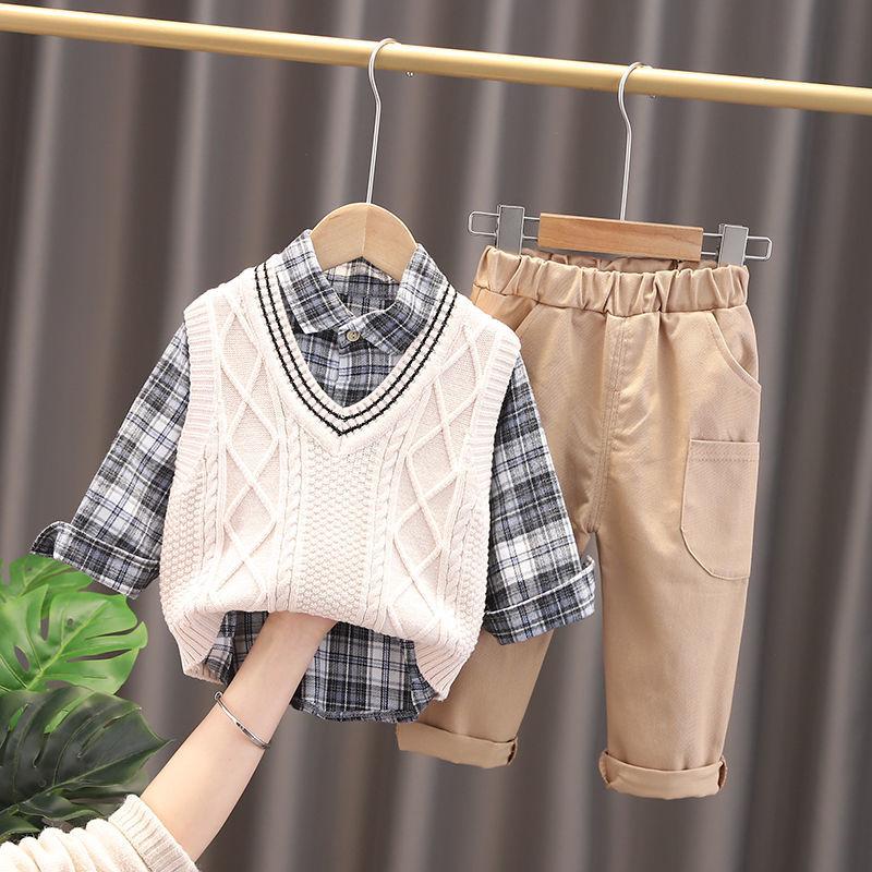 Boys and Girls Spring and Autumn Suits 1-5 Years Old Sweatshirt Vest Shirt Sets Casual Suit Home Service Three-piece Suit