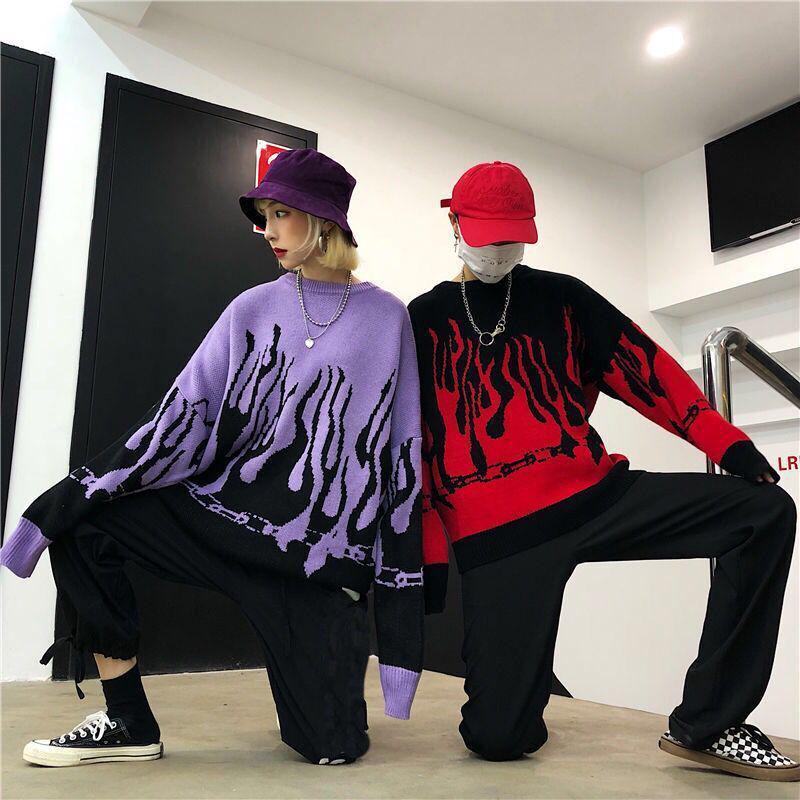 Korean Loose Couple Knit Sweater for Men Women Flame Printing Hip-hop Round Neck Pullover Sweater Unisex Thick Knitwear Street Wear for Students Youth