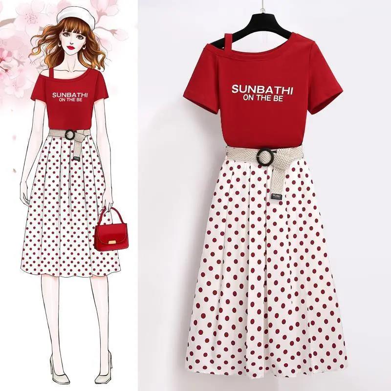 Women Summer Elegant Skirt Suit Slant Shoulder Short Sleeve Print T-shirt & Polka Dot Chiffon Skirt Two Pieces Suit