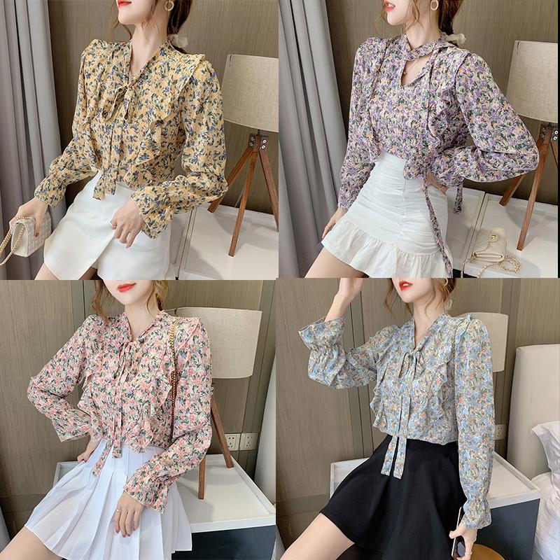 S-4xl Ruffle Blouse Long Sleeve Korea Casual Blouse Shirt Women Sping Fashion Floral Printed Top Bow Chiffon Shirt