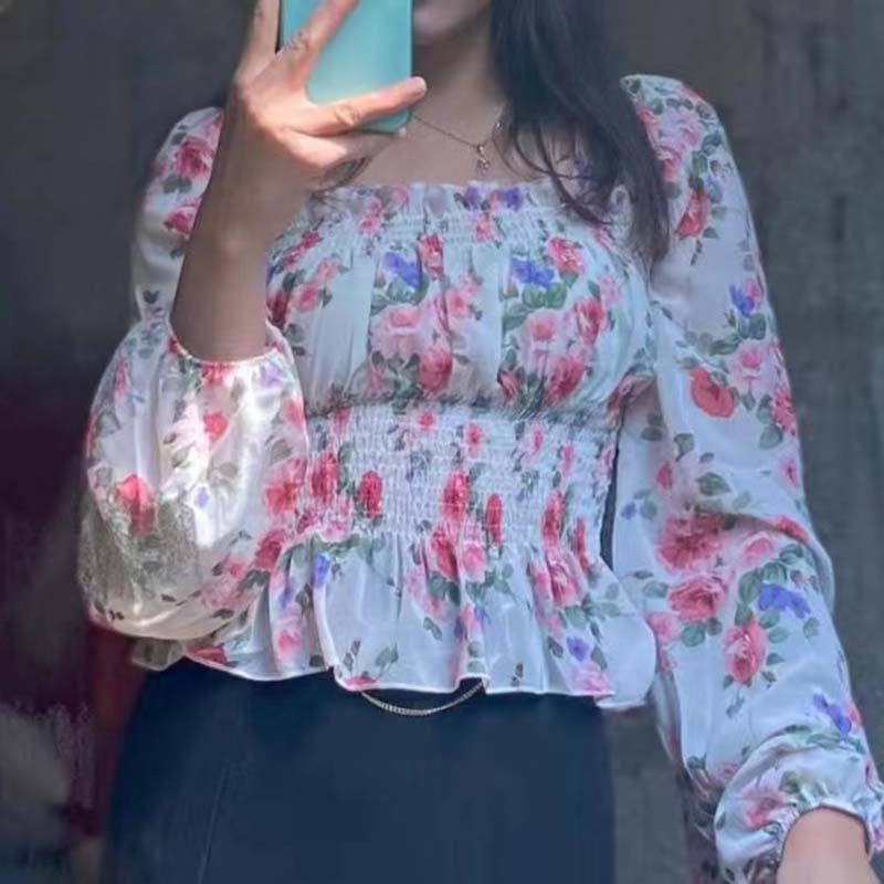 Floral Chiffon Shirt French Sweet Flower Print Bubble Lantern Sleeves Off the Shoulder Top Slim Blouses Sexy Pullover Womens Tops Summer Blouse