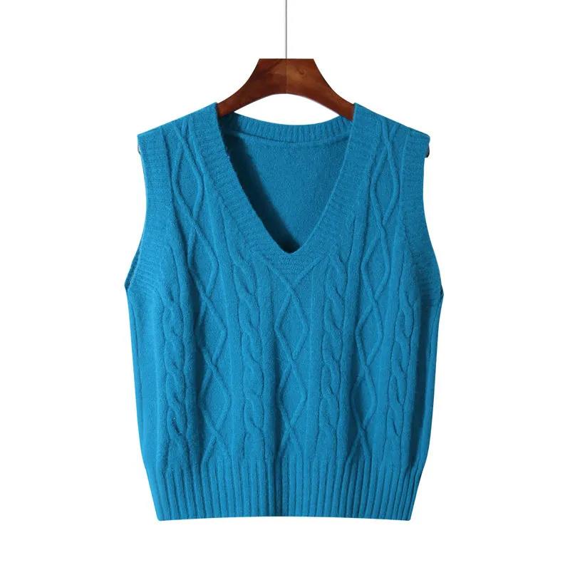 2021 Women Solid Loose Knitted Vest Sweater Girls V Neck Sleeveless Thick Vintage Sweater Female Waistcoat Chic Tops