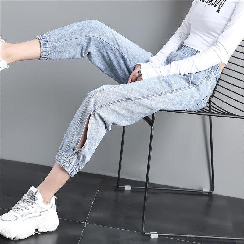 WTEMPO Women's Jeans Loose Elastic Waist Side Split Wide Leg Straight  Denim Big Pocket Trousers